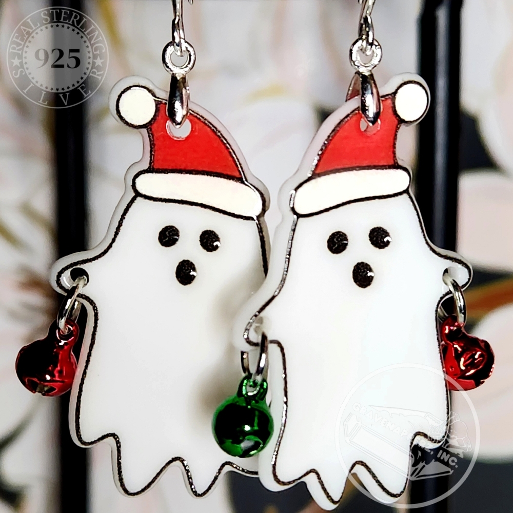 925 Silver + Acrylic Jingle Bells Ghost Earrings Goth Christmas Great Gift Her